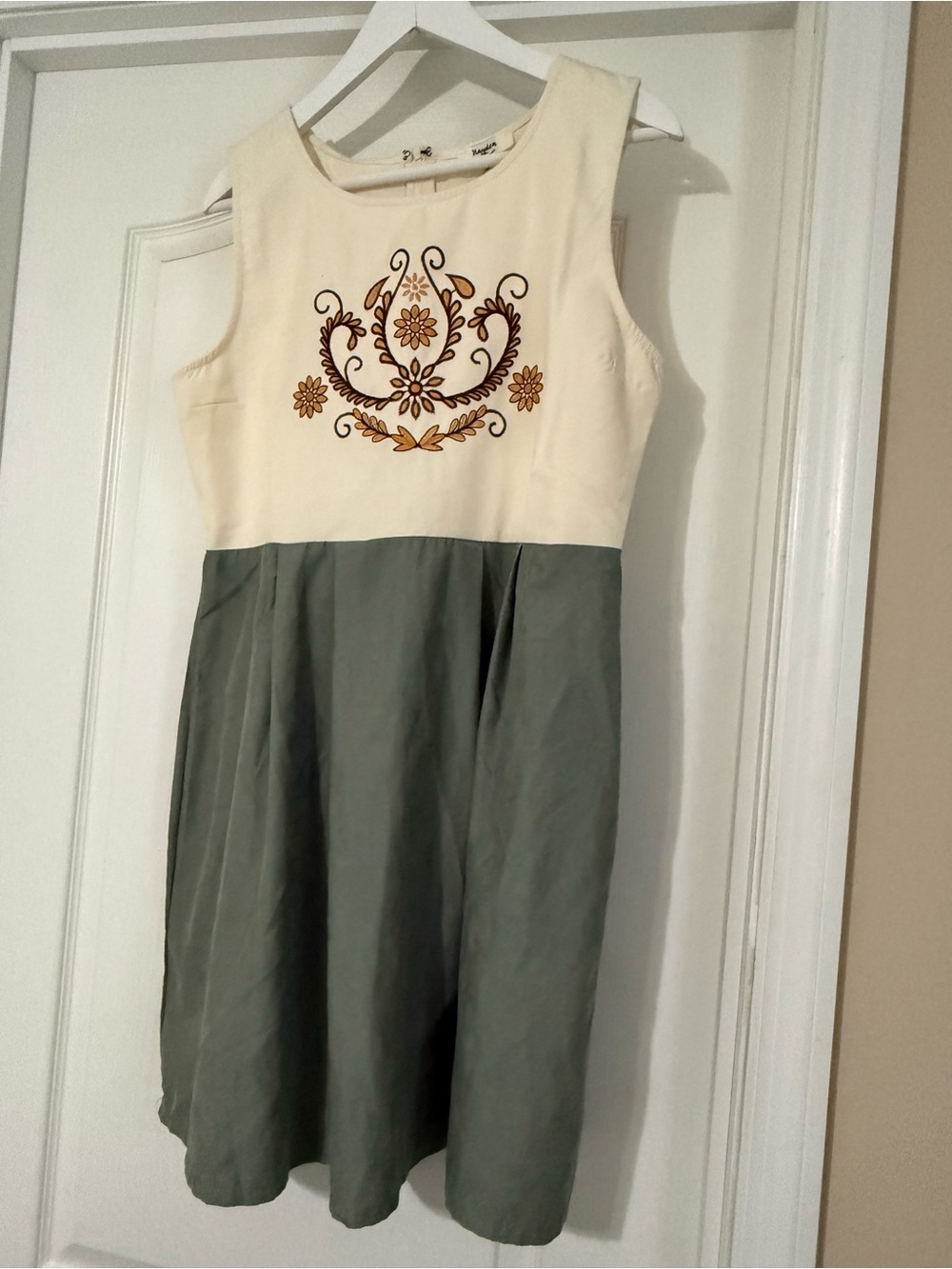 Hayden Cream Bodice with Sage Green Skirt Embroidered Mini Dress